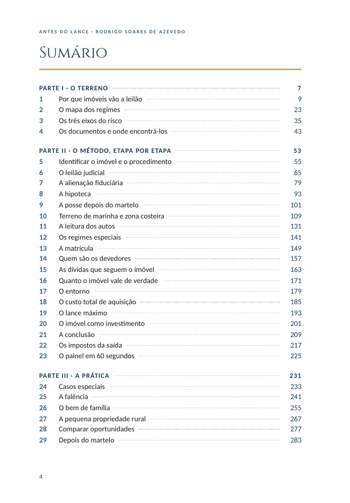 Página do sumário do livro Antes do Lance, com a lista de partes e capítulos
