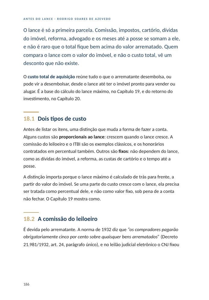 Página do Capítulo 18 com a composição do custo total de aquisição